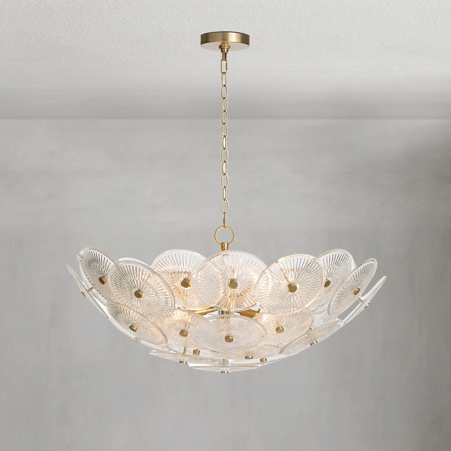 Tiered Etched Glass Disc and Brass Chandelier