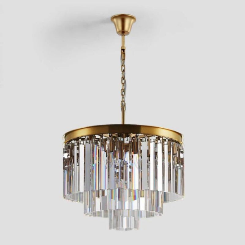 Tiered Faceted Glass Prism Round Brass Chandelier