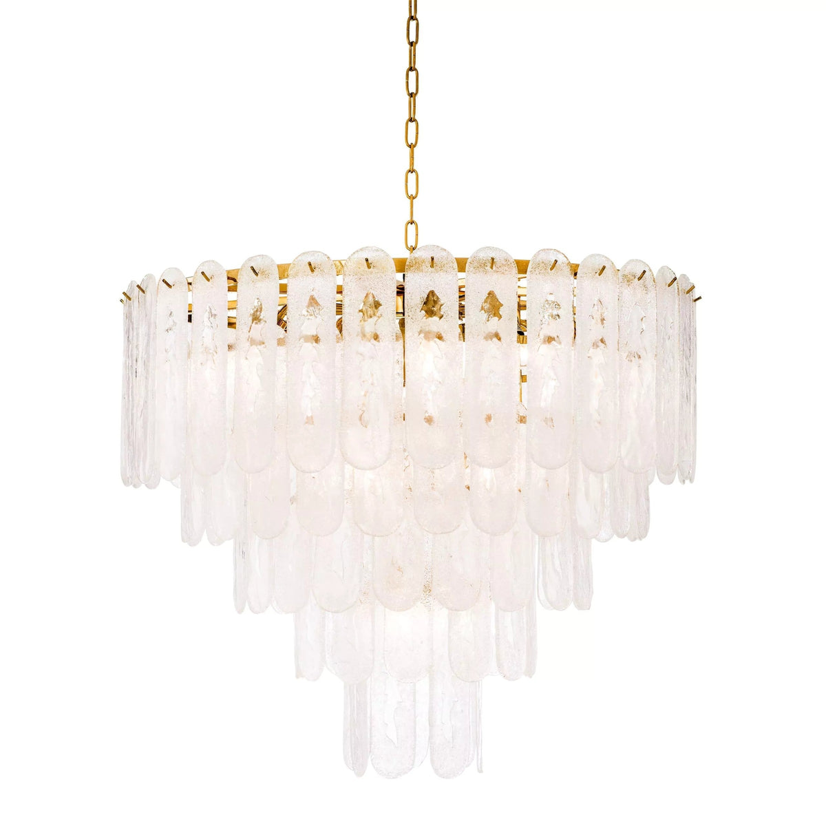 Tiered Frosted Glass and Gold Brass Chandelier