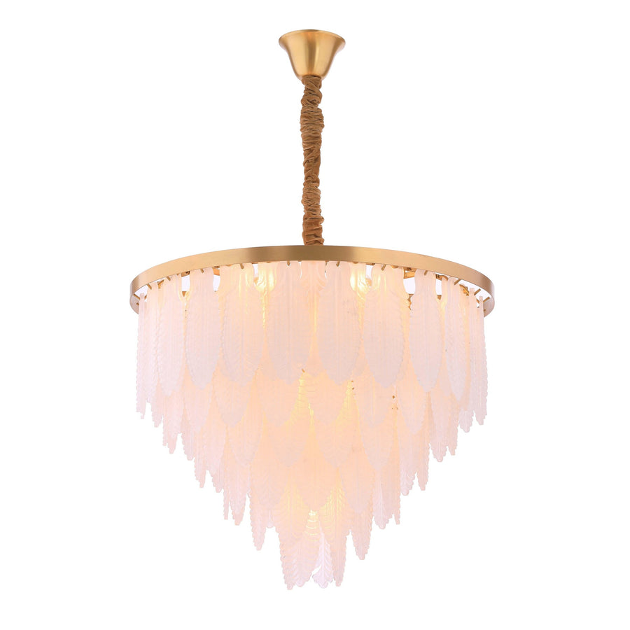 Tiered Frosted Glass Leaf Brass Chandelier