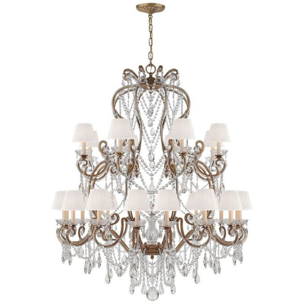 Tiered Gilded Iron Chandelier with Silk Shades