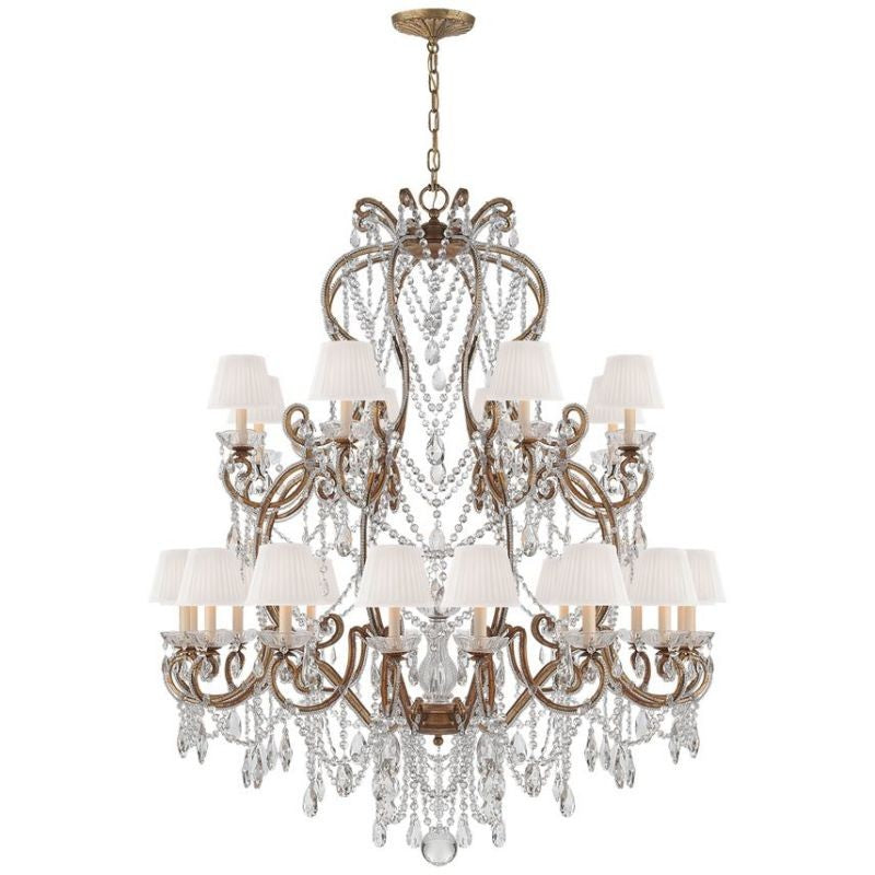 Tiered Gilded Iron Chandelier with Silk Shades