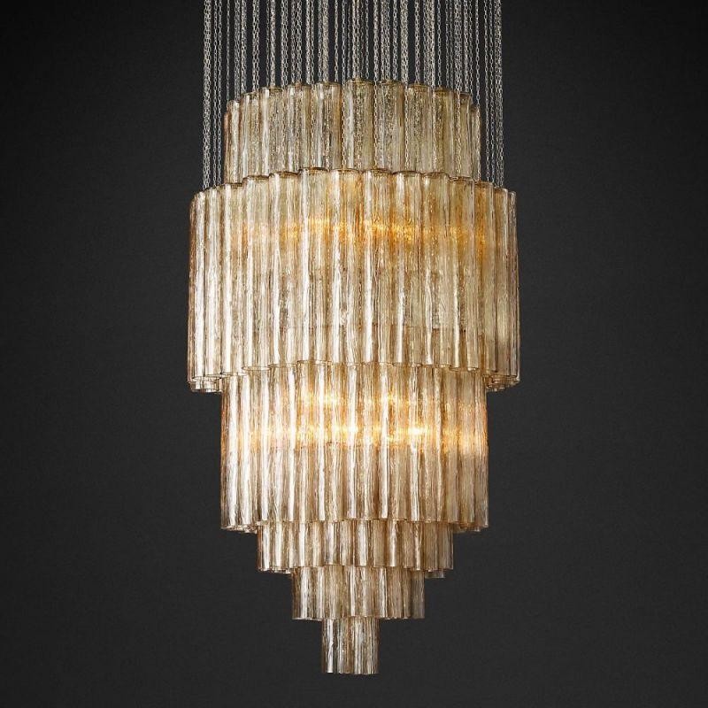 Tiered Glass and Brass Steel Chandelier