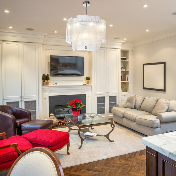 Tiered Glass and Nickel Frame Chandelier