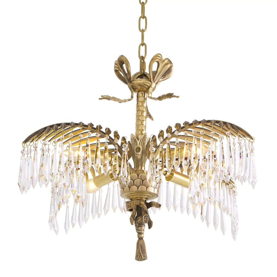 Tiered Glass Droplet Palm Leaf Brass Chandelier