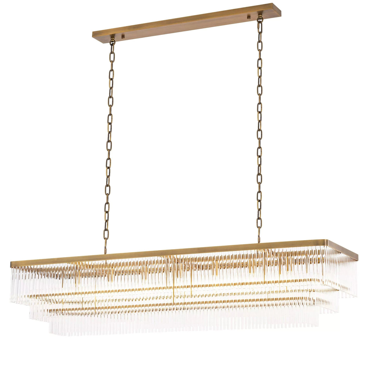 Tiered Glass Rod and Antique Brass Linear Chandelier