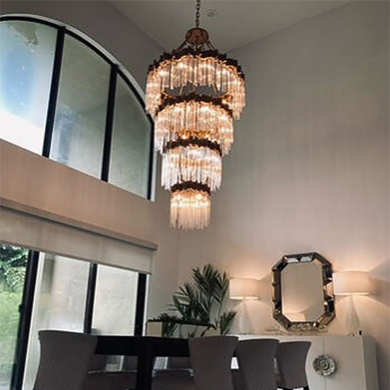 Tiered Glass Rod Ring Chandelier with Steel Edging