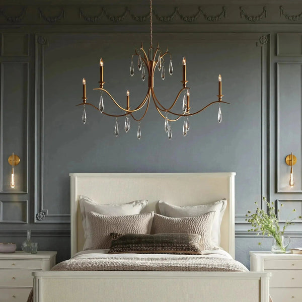 Tiered Gold Leaf Iron and Crystal Drop Chandelier