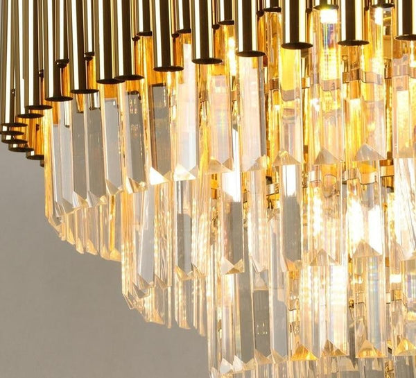 Tiered Gold Steel and Crystal Cluster Chandelier