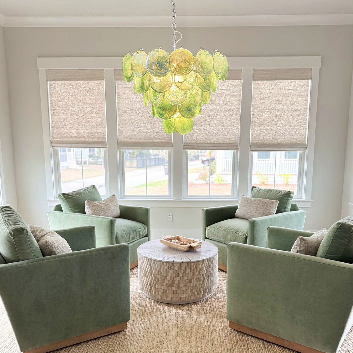 Tiered Green Alabaster Glass Disk Chandelier