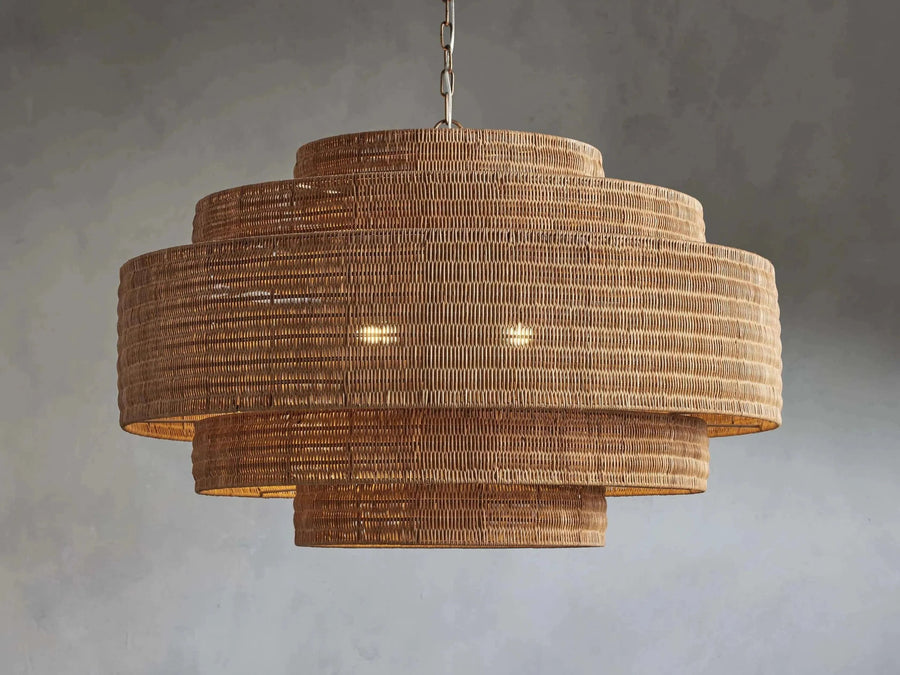 Tiered Handwoven Rattan and Iron Chandelier