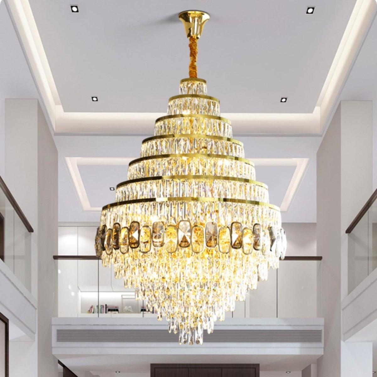 Tiered Honeycomb Crystal and Gold Steel Chandelier