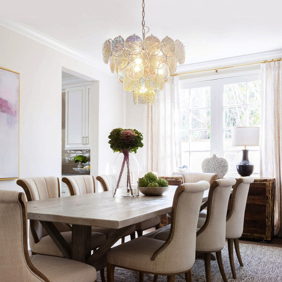 Tiered Iridescent Glass Disk Nickel Chandelier