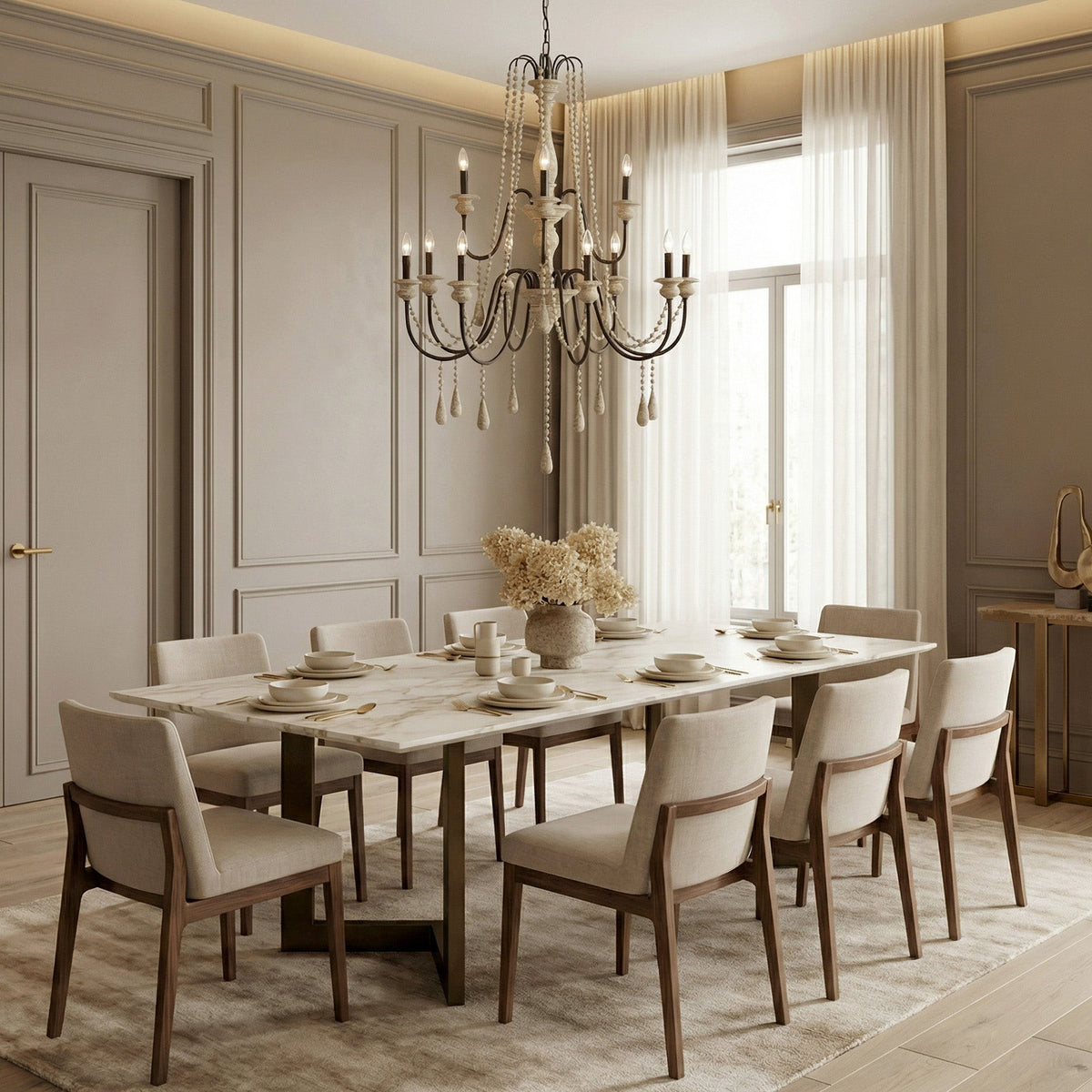 Tiered Iron Chandelier with Painted Wood Beads