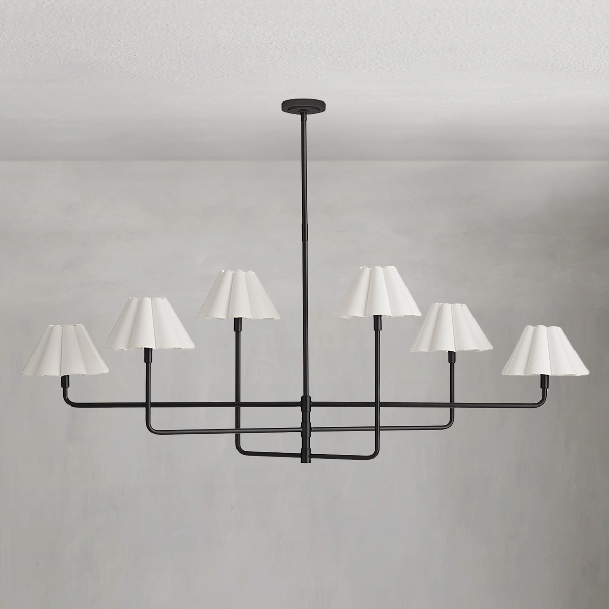 Tiered Linear Scalloped Linen Shade Blackened Brass Chandelier