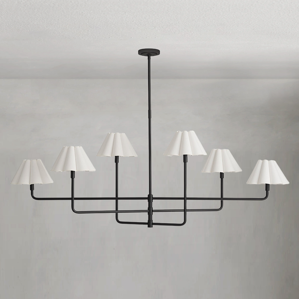 Tiered Linear Scalloped Linen Shade Blackened Brass Chandelier