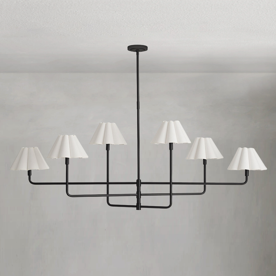 Tiered Linear Scalloped Linen Shade Blackened Brass Chandelier