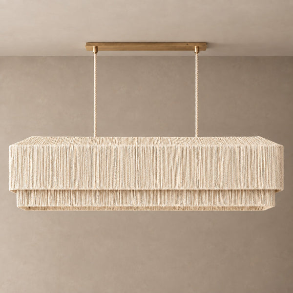 Tiered Linear White Rattan and Copper Chandelier