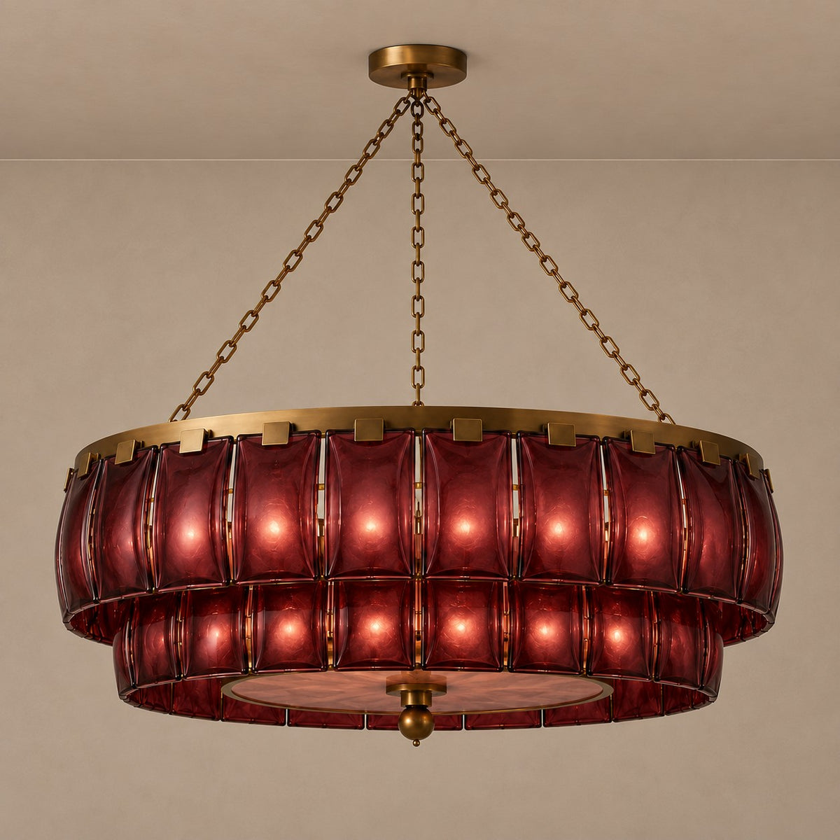 Tiered Marbled Amber Glass and Brass Lantern Chandelier