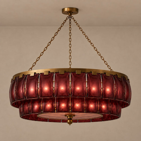Tiered Marbled Amber Glass and Brass Lantern Chandelier