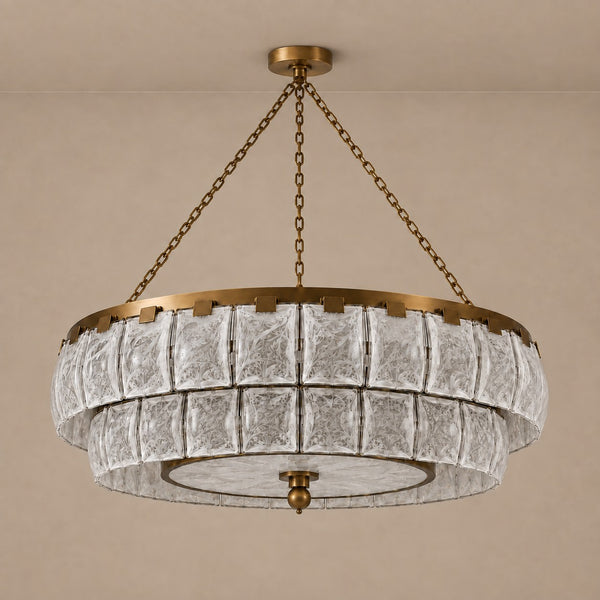 Tiered Marbled Glass and Antique Brass Lantern Chandelier