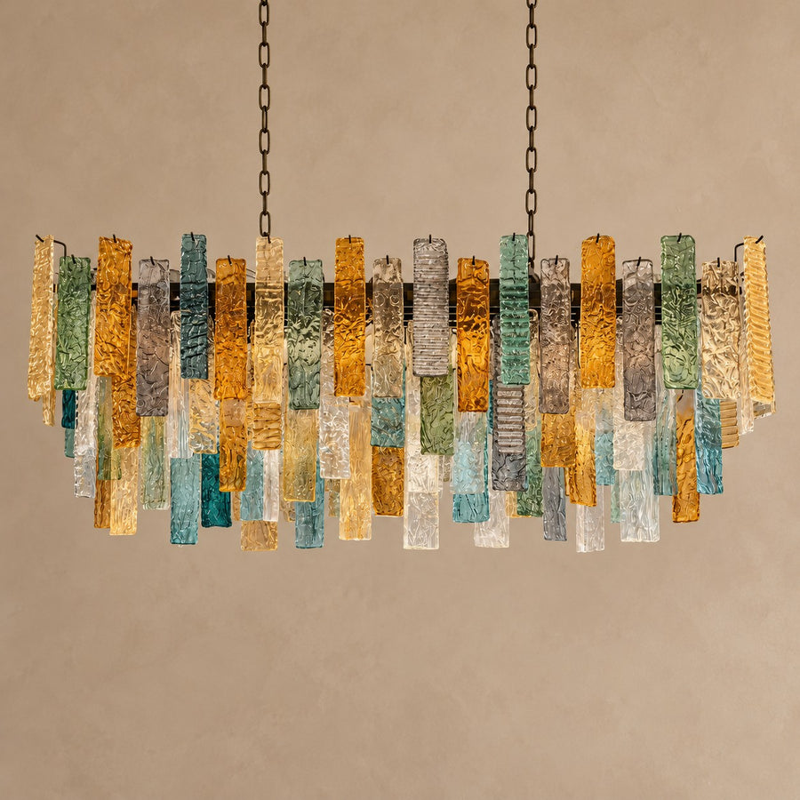 Tiered Multicolor Textured Glass Linear Brass Chandelier