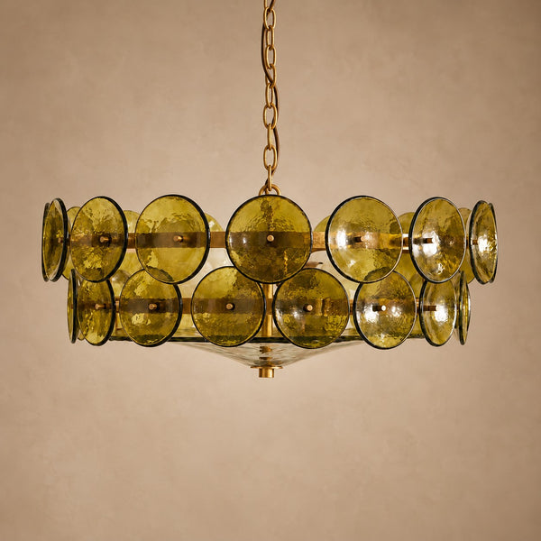 Tiered Olive Glass Disc Ring Chandelier