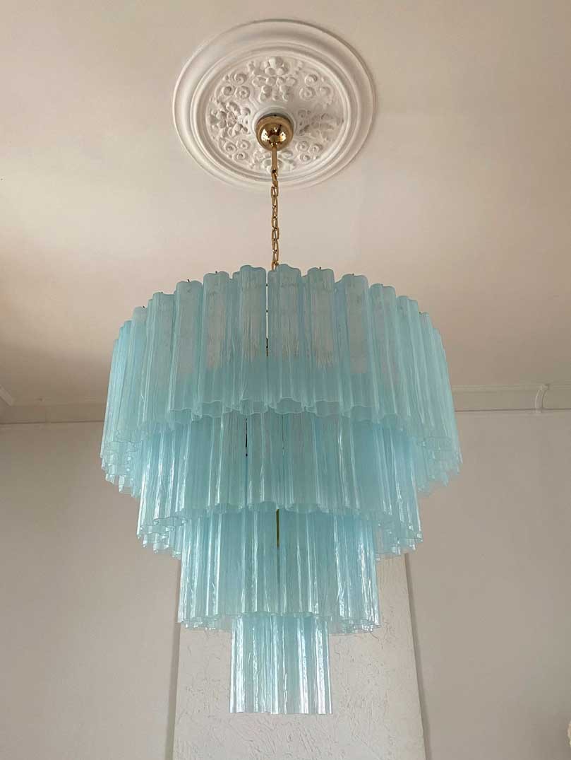 Tiered Opal Blue Glass Tube Starburst Chandelier