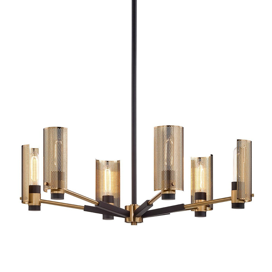 Tiered Perforated Brass and Black Steel Chandelier