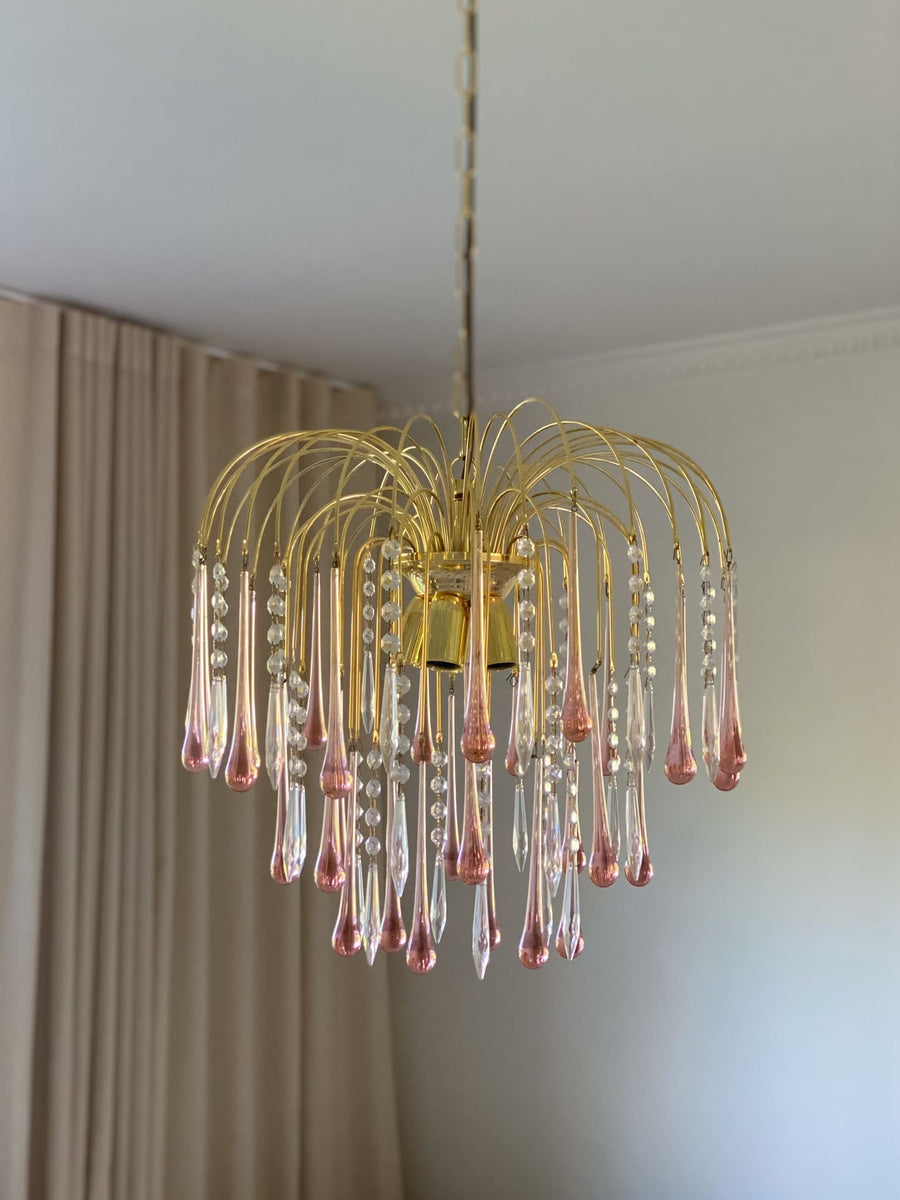Tiered Pink and Clear Glass Teardrop Chandelier