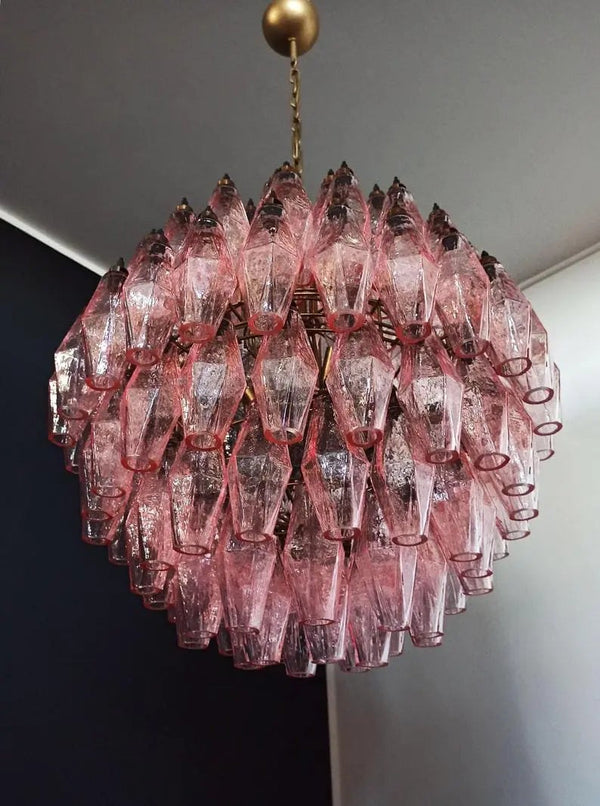 Tiered Pink Faceted Glass and Brass Chandelier