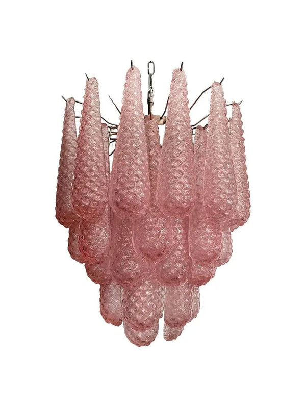 Tiered Pink Glass Drop Brass Chandelier