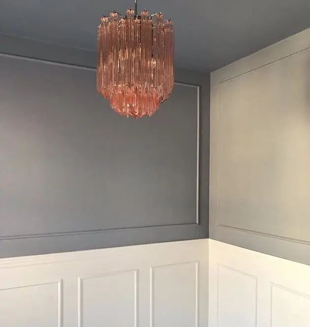 Tiered Pink Glass Prism and Brass Chandelier