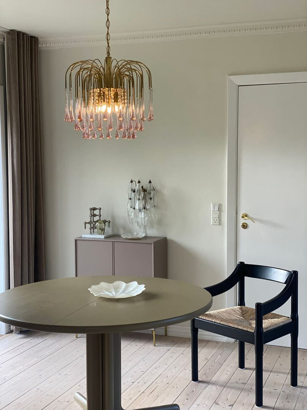 Tiered Pink Glass Prism and Patinated Brass Chandelier