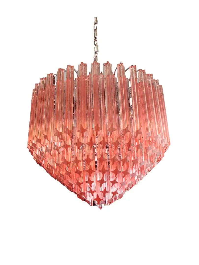 Tiered Pink Glass Prism Chandelier with Nickel or Brass Frame