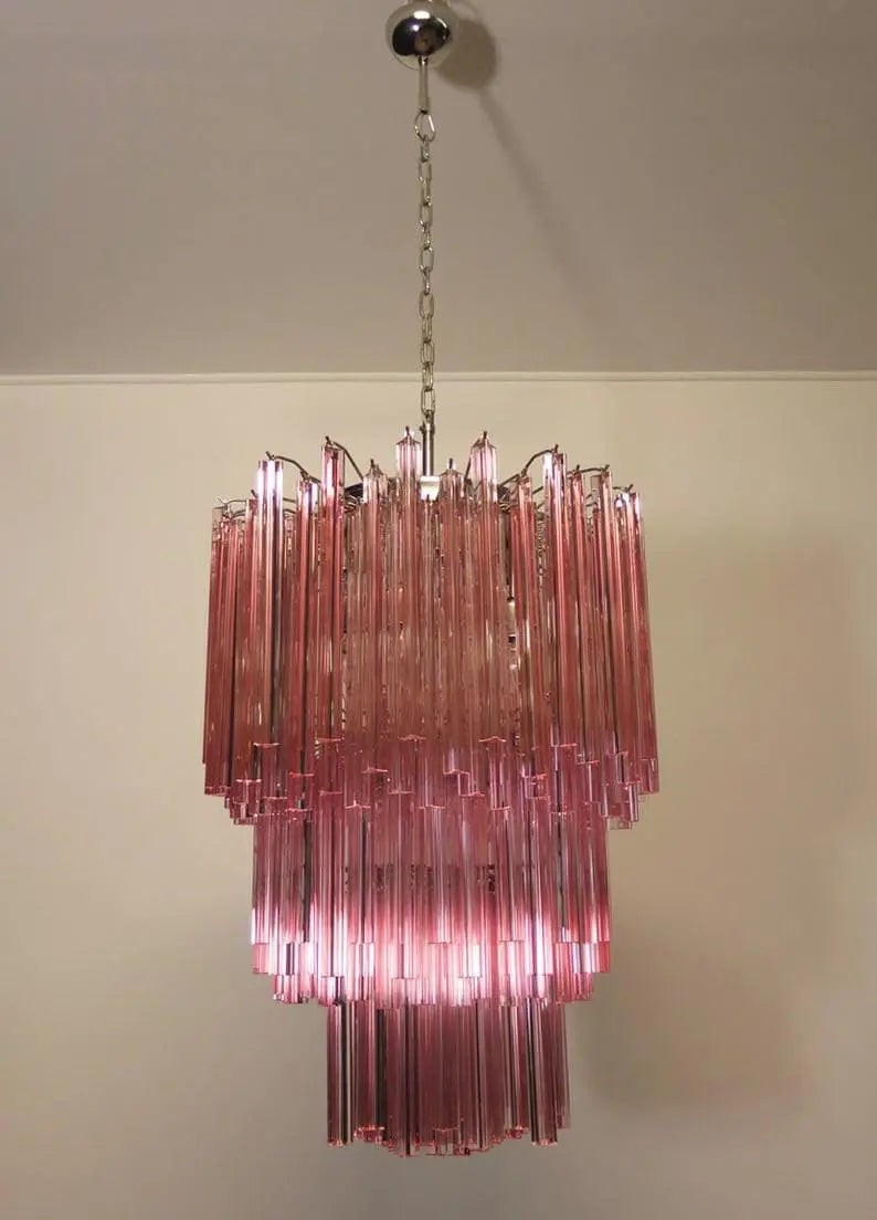 Tiered Pink Glass Prism Drop Chandelier