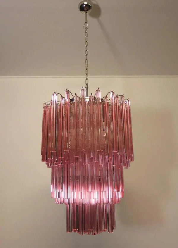 Tiered Pink Glass Prism Drop Chandelier