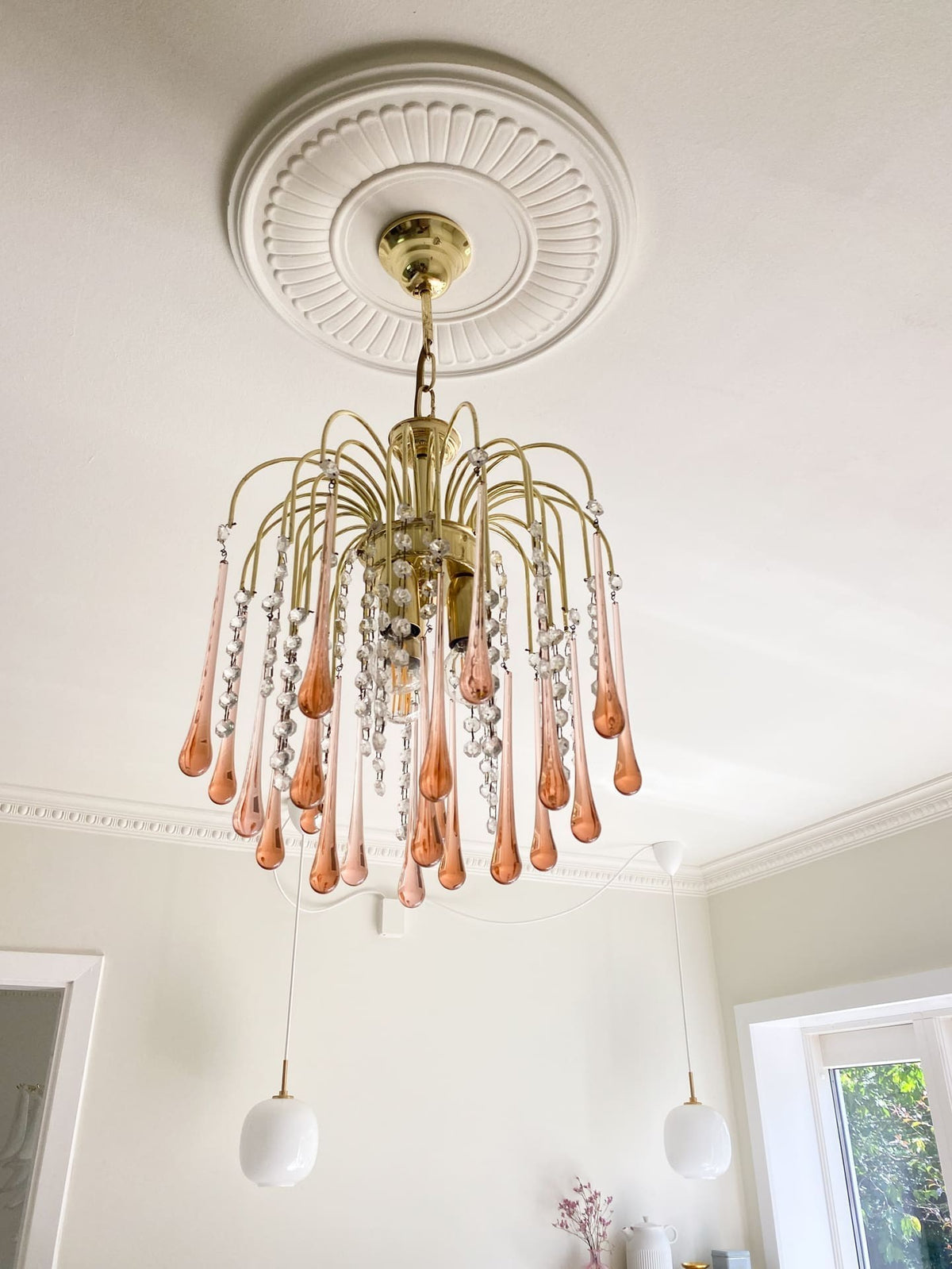 Tiered Pink Glass Teardrop Prism Chandelier