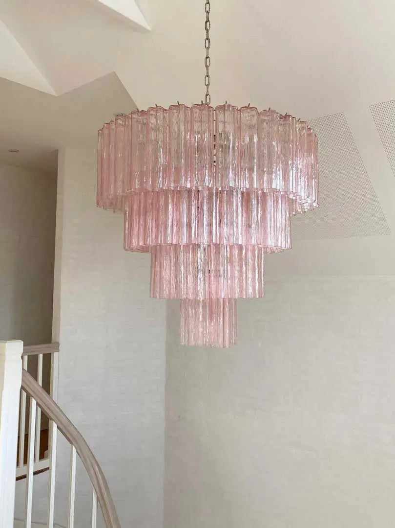 Tiered Pink Glass Tube Cluster Chandelier