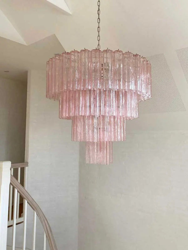 Tiered Pink Glass Tube Cluster Chandelier