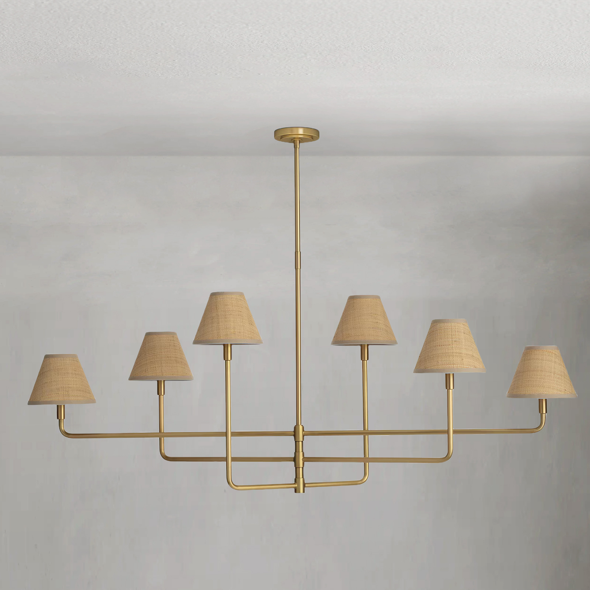 Tiered Rattan Shade Brass Linear Chandelier