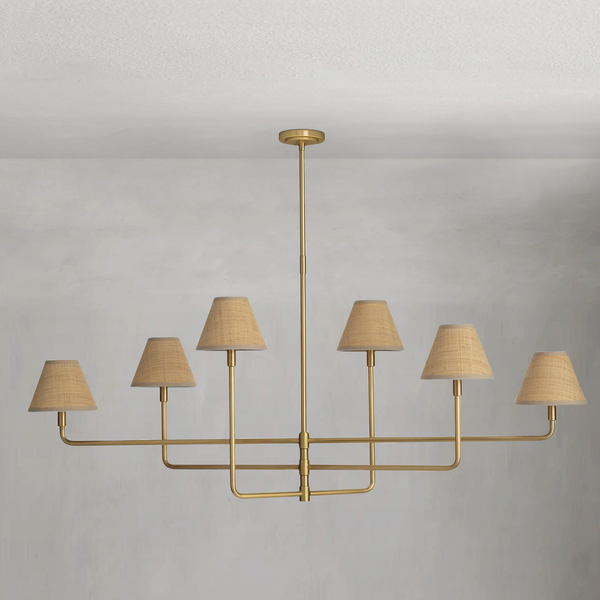 Tiered Rattan Shade Brass Linear Chandelier