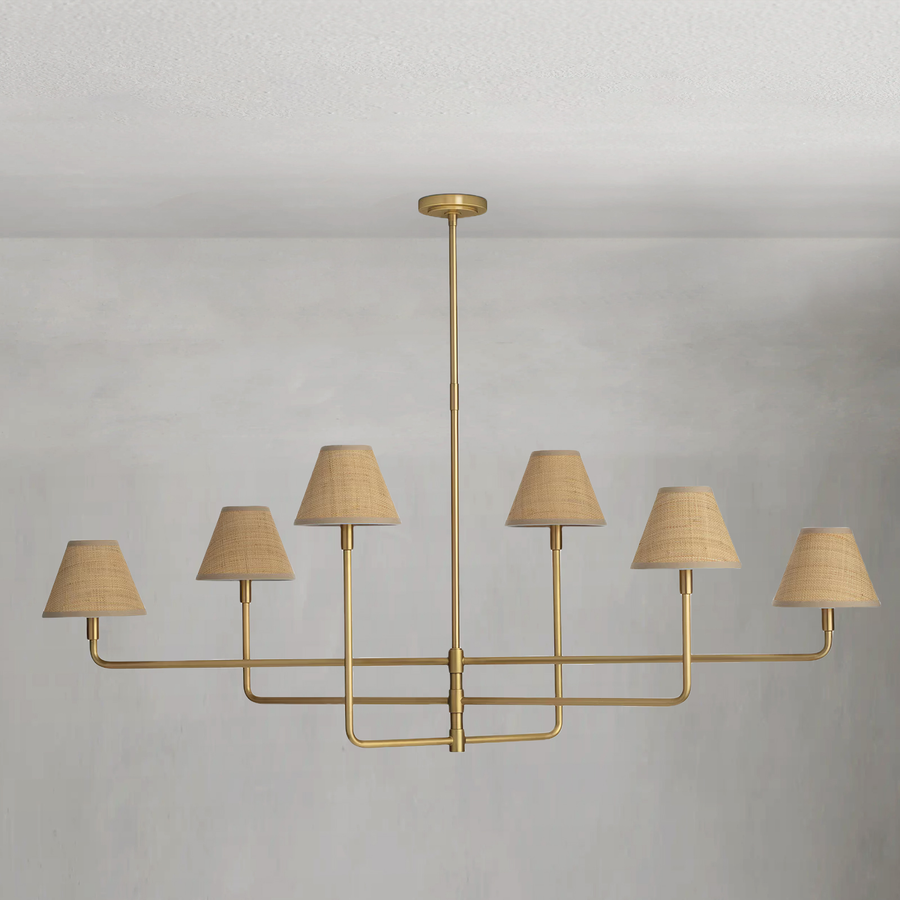 Tiered Rattan Shade Brass Linear Chandelier