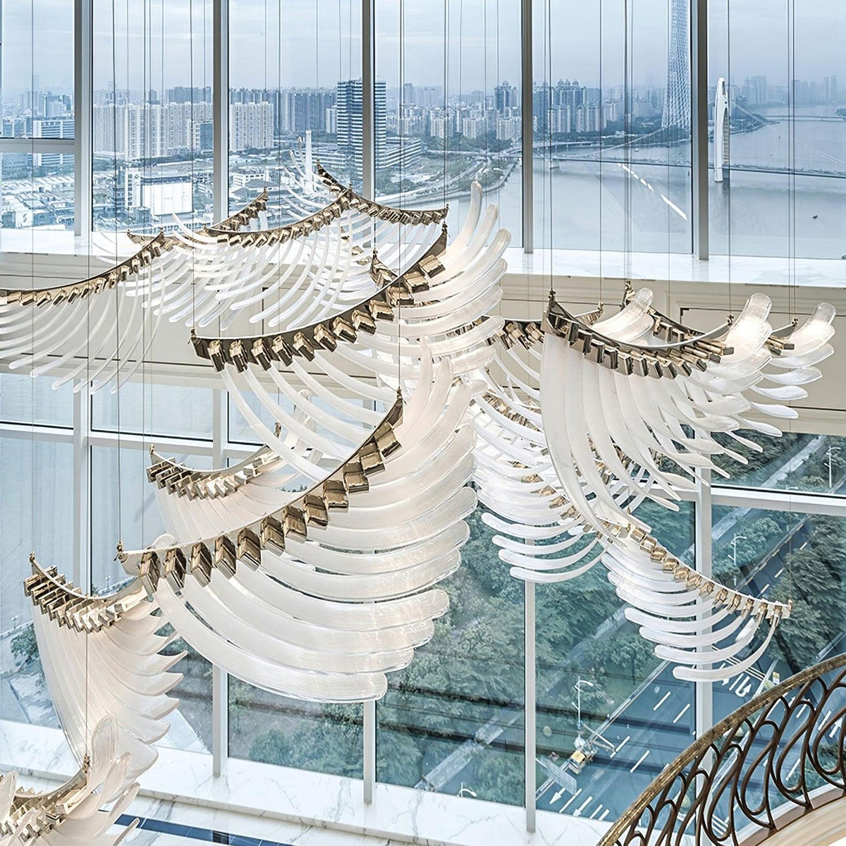 Tiered Ribbed Acrylic Palm Leaf Chrome Chandelier