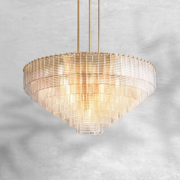 Tiered Ribbed Cast Glass and Brass Chandelier