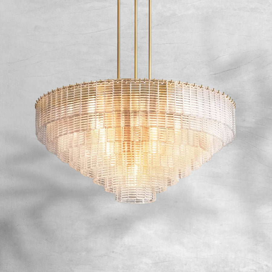 Tiered Ribbed Cast Glass and Brass Chandelier