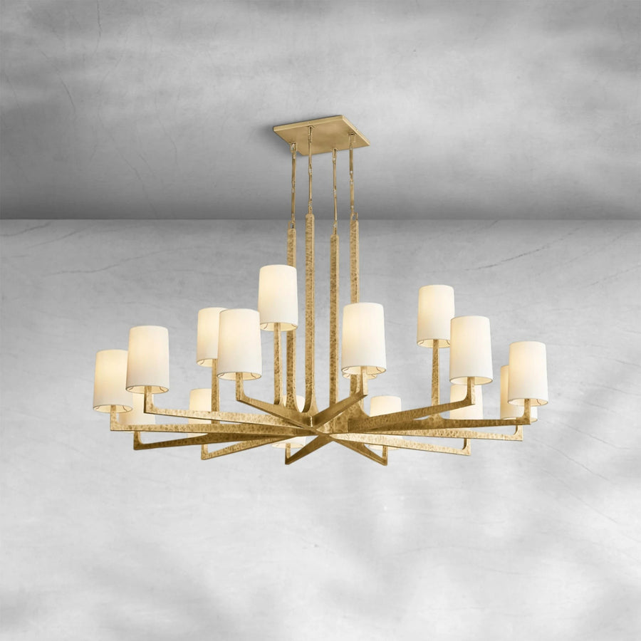 Tiered Ring Chandelier with Linen Shades and Hammered Brass