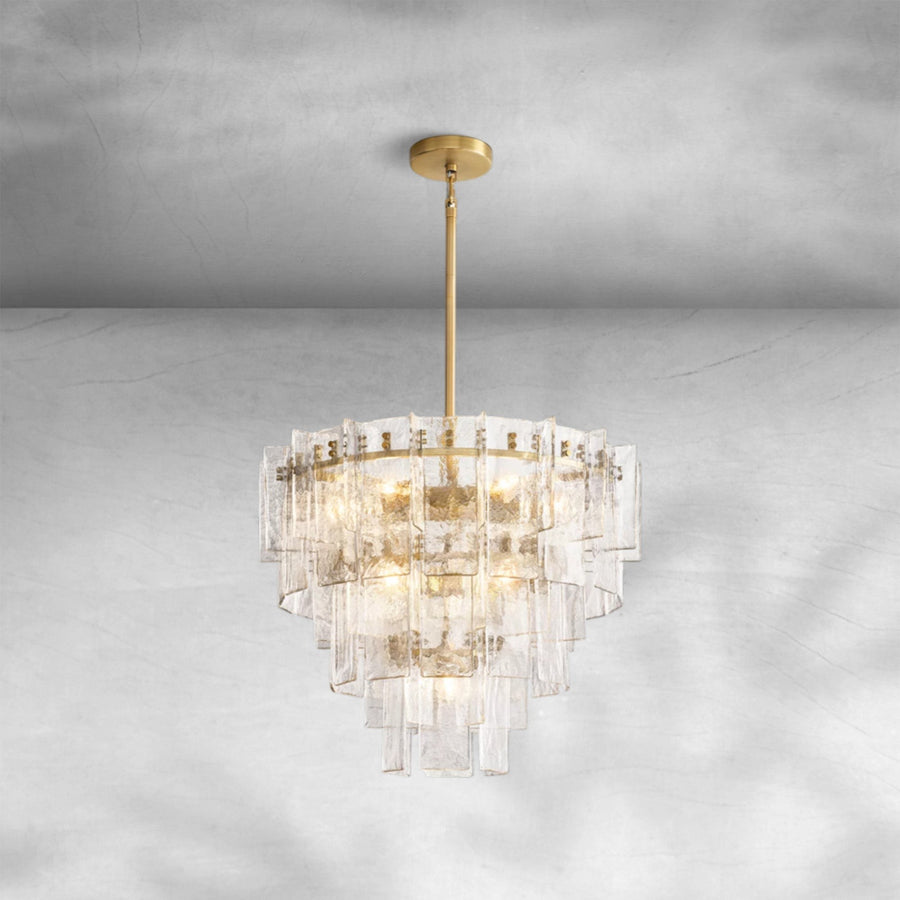 Tiered Rippled Cast Glass and Brass Round Chandelier