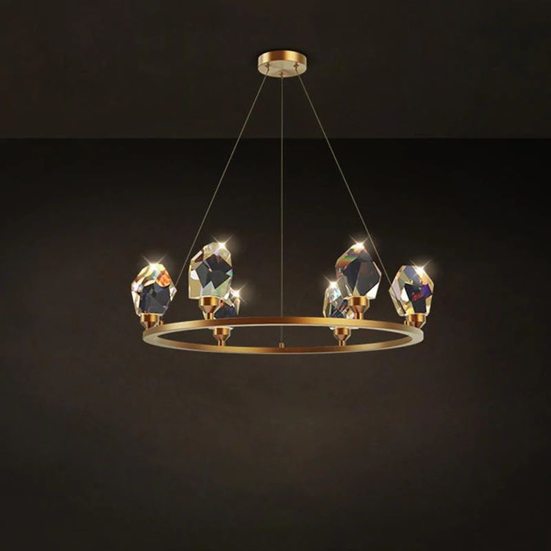 Tiered Round Brass and Faceted Crystal Chandelier
