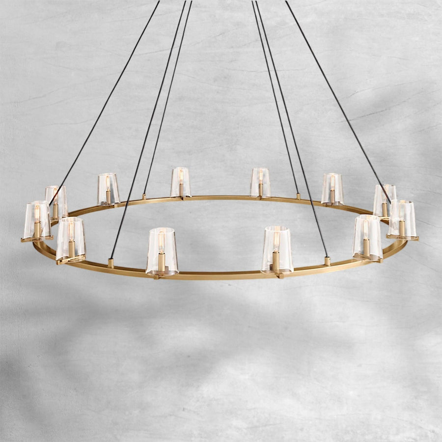 Tiered Round Brass Frame Faceted Glass Polyhedra Chandelier
